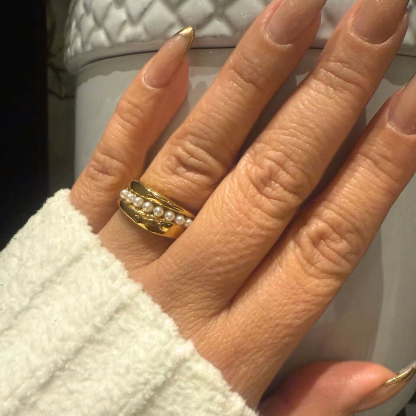 Golden Pearl Stream Ring